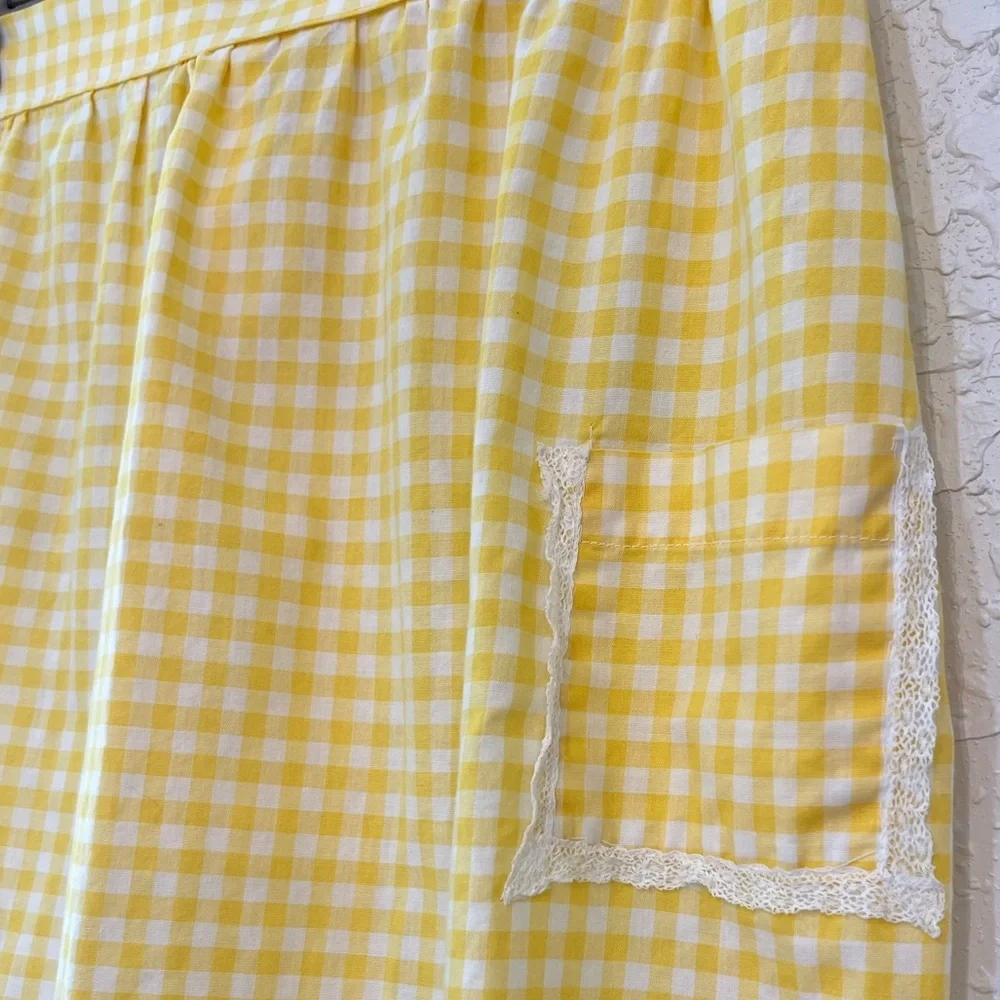 Handmade Yellow White Gingham Half Apron With Lace Trim Pockets Vintage Style